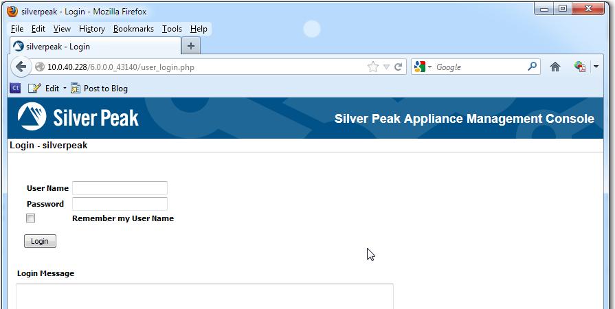 4 Run the Appliance Manager initial configuration wizard a. In a browser, enter the IP address that you just discovered or configured. The Silver Peak Appliance Management Console login page appears.