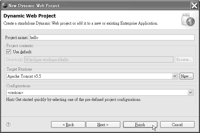 68 firstpress: Setting Up the Development Environment Figure 5-11. Give your project a name in the New Dynamic Web Project dialog box.