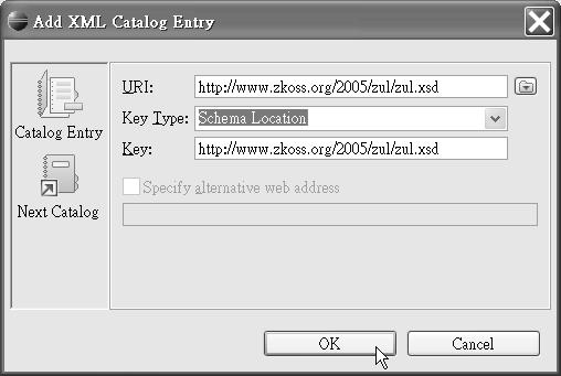 firstpress: Setting Up the Development Environment 77 Figure 5-19. In the Add XML Catalog Entry dialog box, assign the URI, key type, and key name for the new XSD. 5. Now you should see a new entry, http://www.