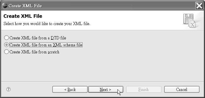 On the Create XML File page of the wizard, select the Create XML file from an XML schema file radio
