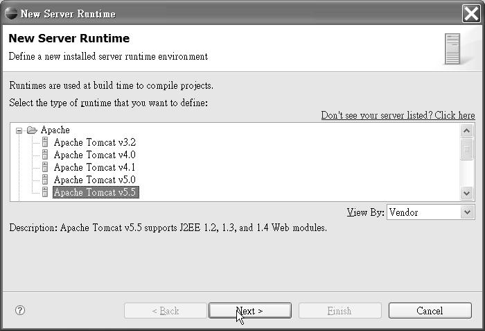 firstpress: Setting Up the Development Environment 61 Figure 5-3. Select your server in the New Server Runtime dialog. 4.