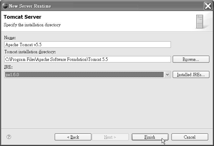 62 firstpress: Setting Up the Development Environment Figure 5-4. Select your root directory and JRE before clicking Finish. 5. Click the OK button in the Preferences dialog box.