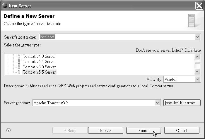 64 firstpress: Setting Up the Development Environment Figure 5-7. Specify the details of your server in the New Server dialog box. Setting Up the.zul File Extension in the XML Editor As mentioned before, Eclipse provides an XML editor.