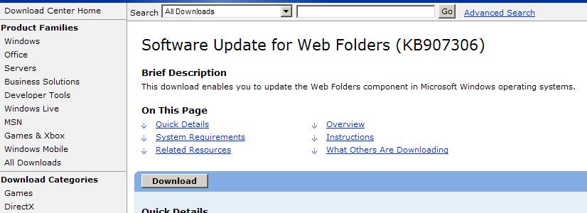 Go to www.microsoft.com and search for KB907306. This software enables you to update the Web Folders component in Windows Vista.