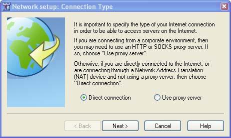 The selection of direct connection or proxy server depends on your network please check with your system administrator.