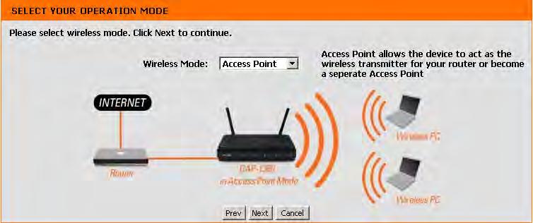 Section 3 - Configuration Access Point Mode This Wizard is designed to assist you in configuring your DAP-1360 as an access point. Select Access Point from the drop-down menu.
