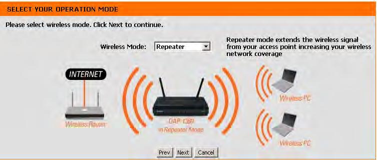 Section 3 - Configuration Repeater Mode This Wizard is designed to assist you in configuring your DAP-1360 as a repeater. Select Repeater from the drop-down menu.