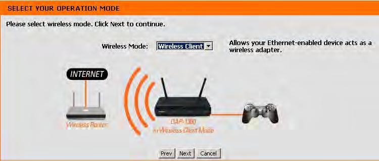 Section 3 - Configuration Wireless Client Mode This Wizard is designed to assist you in configuring your DAP-1360 as a wireless client. Select Wireless Client from the drop-down menu.