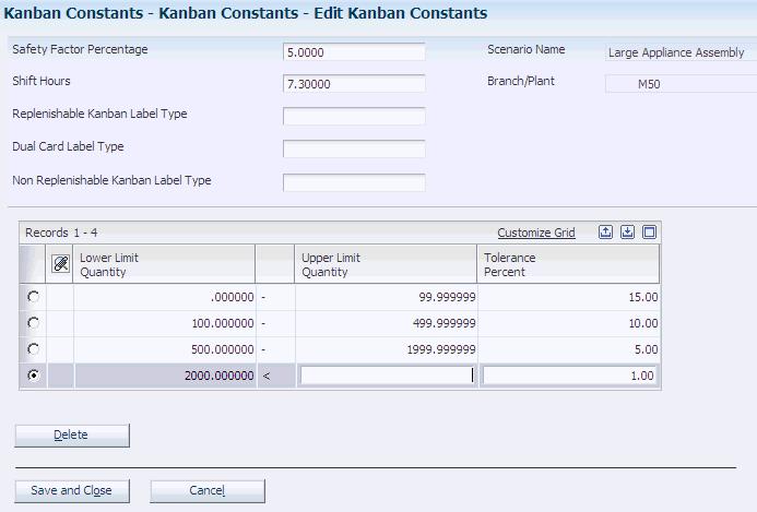 Setting Up Kanban Constants Figure 5 1 Edit Kanban Constants form Shift Hours Enter the number of hours per shift during which kanban replenishment can occur.