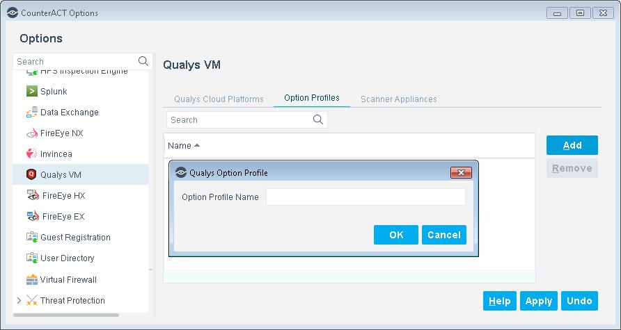 2. Enter the name of an Option Profile exactly as it appears in your Qualys Cloud Platform configuration. 3. Select OK. The Option Profile name appears in the Option Profiles pane.
