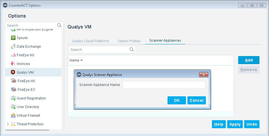 2. Enter the name of a Scanner Appliance exactly as it appears in your Qualys Cloud Platform configuration. 3. Select OK.