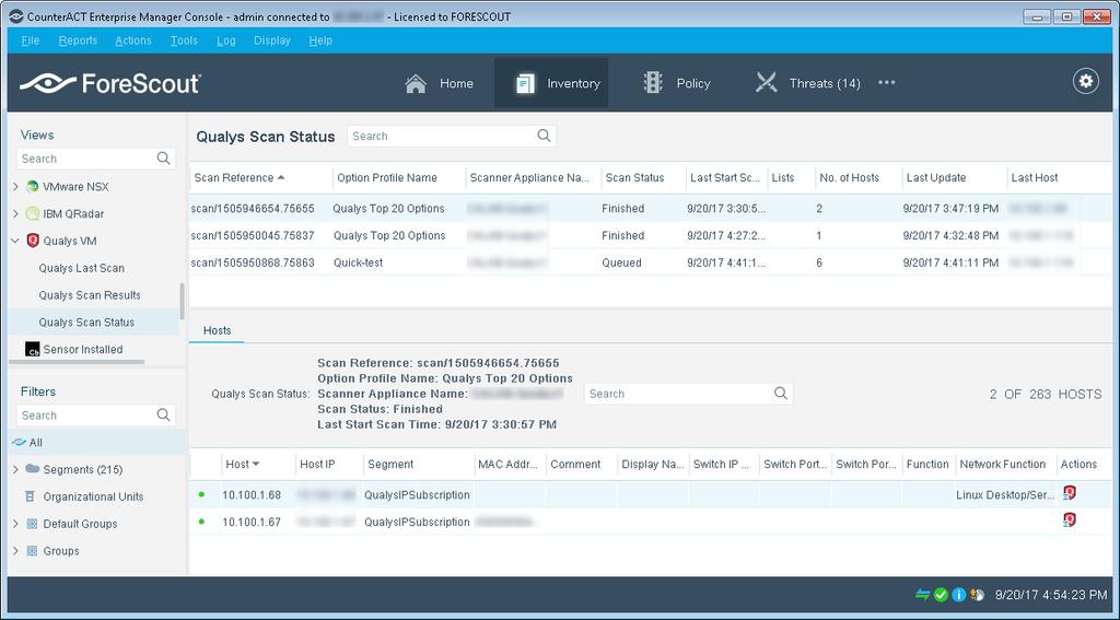 Qualys Scan Status: Displays the Qualys scan parameters, the status, the start time, the last time the status was reported to CounterACT, and the scanned host information of the most recent Qualys