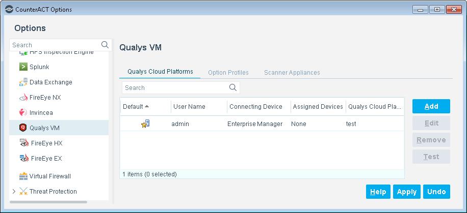 4. Do the following: a. Add Qualys Option Profiles. b. Add Qualys Scanner Appliances. c. Add a Qualys Cloud Platform. d. Define Test Configuration Parameters.