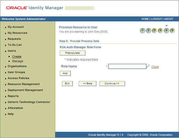 The page for selecting a group for the user is similar to this page. Figure 3 8 Step 5: Provide Process Data for RSA Auth Manager Role Page 11.