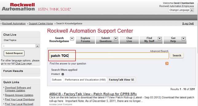 Appendix B Common upgrade procedures 3. Scroll down to Software and click on FactoryTalk View SE. In the Search box, type Patch TOC and click Search.