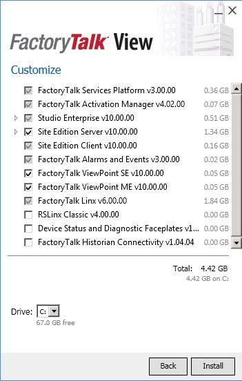 Chapter 4 Install FactoryTalk View To setup product components: 1. On the Customize page, select components to install and clear components not to install. 2. If needed, select another drive location.