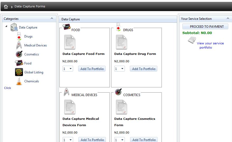 Scroll down to Data Capture and select the category of your product (i.e. Drug, Medical Devices, Cosmetics or Food) 4.