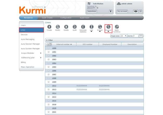 10.1.1. Verify Avaya Lines synchronisation Click on Lines followed by the Discover icon, a pop up will appear, click on ACM (not shown). Kurmi will synchronise with Communication Manager.