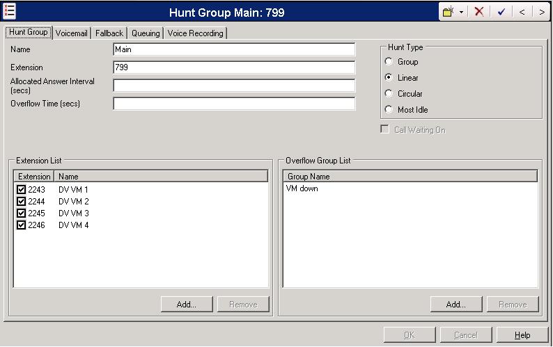 extension number desired for the hunt group (hunt group pilot number), and the Overflow Group List should have an entry.
