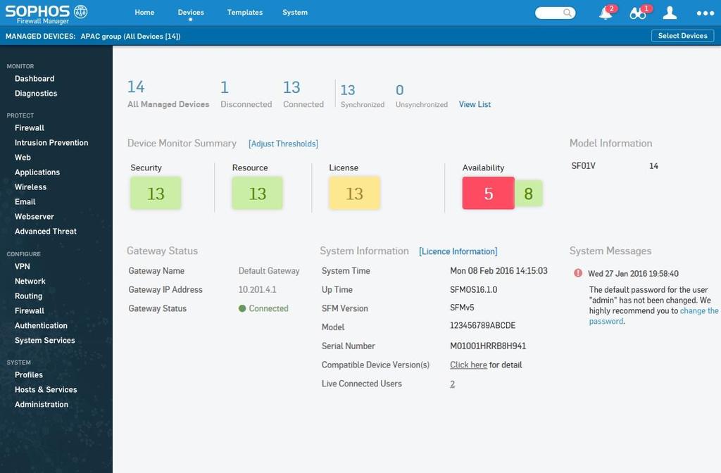 Central Management: Sophos Firewall Manager Full-featured centralized management for multiple firewalls Multiple monitoring views Instant visibility into network status Flexible grouping and