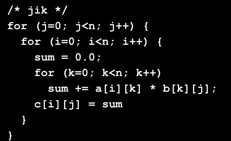 Matrix Multiplication (jik) /* jik */ for (j=; j<n; j++) { for (i=; i<n; i++) { sum =.