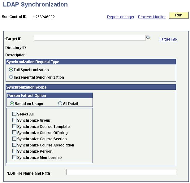 Setting Up and Using LDAP Integration Chapter 9 LDAP Synchronization page Enter or select the items to use as settings for your institution's transfer of data to the external system.