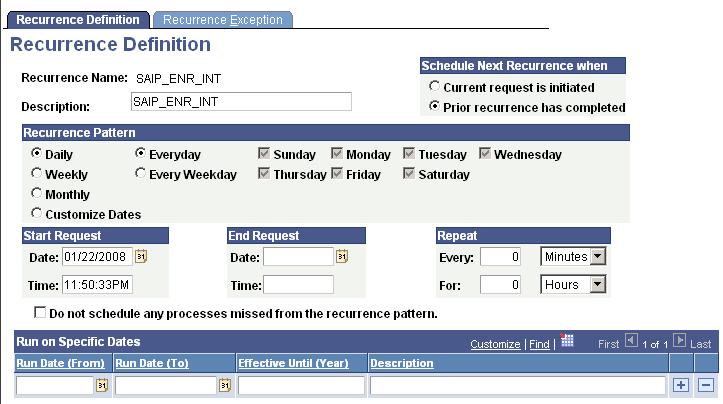 Setting Up SAIP Chapter 3 Recurrence Definition page Use the Recurrence Definition page to set the time and frequency for running the SAIP process.