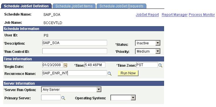 Setting Up SAIP Chapter 3 Schedule JobSet Definition page If the Event Replay Support check box is selected on the Event Registry page, then the Campus Integration framework Event Replay Schedule