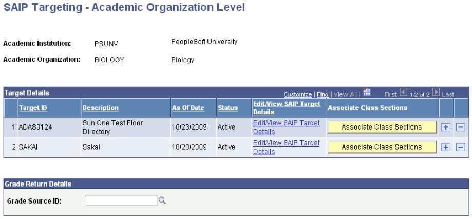 Managing Multitarget Integration Chapter 4 SAIP Targeting - Academic Organization Level page Targets may be added from the list of targets that have been enabled on the SAIP Target Setup Page