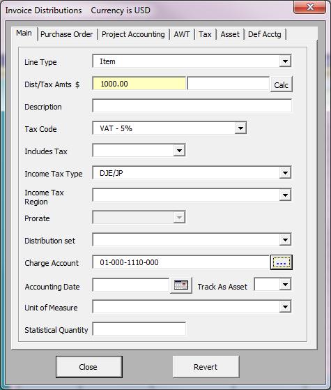 To enter data into the Invoice Distribution s position your cursor on the row you wish to enter the distribution data, then double-click in one of the cells, or alternatively click on the Forms icon