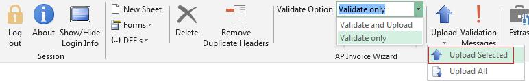 To only validate invoices select Validate only, otherwise choose Validate and Upload from the Wizard ribbon. Click the Upload icon and then select the Upload Selected on the ribbon.