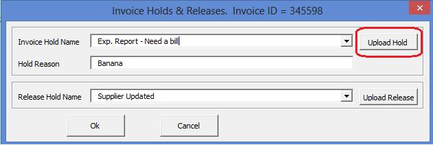 Open the Invoice Holds & Releases form by double-clicking on the Holds section, enter the appropriate details and then select the Upload Hold button.