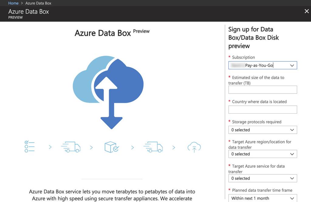 Order Microsoft Azure Data Box One of the first things we need to do is to request and set up an Azure Data Box.