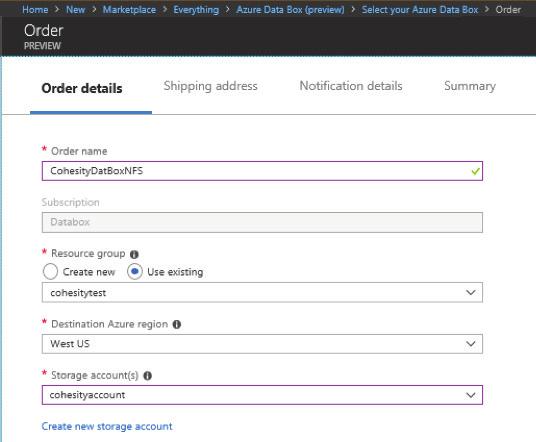 After clicking on Create we need to select the type of Azure Data Box we want to use in addition to the following Azure details: The Subscription we would like to use The Transfer Type (in this