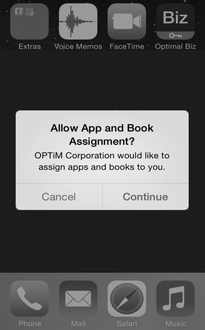 1.5.10 Allowance of assignment on ios device When a VPP license is assigned to user, the following message is displayed on the target device (This message is displayed right after Sync is executed on