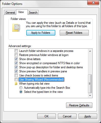 Windows Clients 5. Click Apply and OK to close the window. Disabling Sharing Wizard in Windows 8.1, Windows 8 and Windows 7 To disable the Sharing wizard in Windows 8.