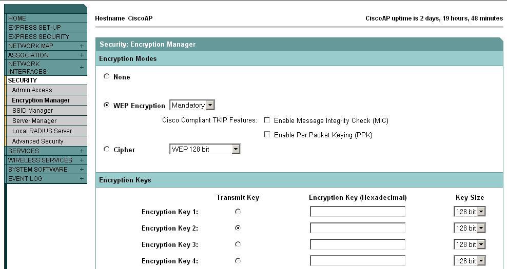 In the Encryption Manager set WEP Encryption to Mandatory: Next, configure a RADIUS server entry in the