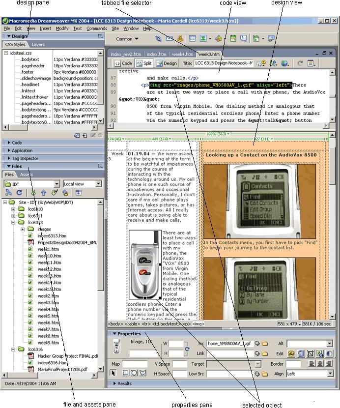 Figure 1: The main Dreamweaver workspace, with split code/design window layout to the right, and element panes to the left.