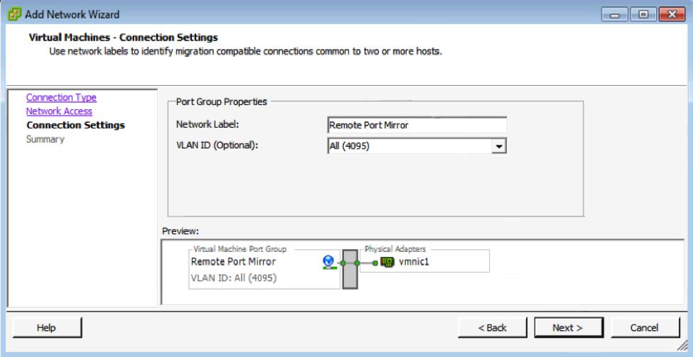 5. In the Connection Settings step, assign a unique name to the new port group (Remote Port Mirror in the example below), click the VLAN ID drop-down menu, and select All
