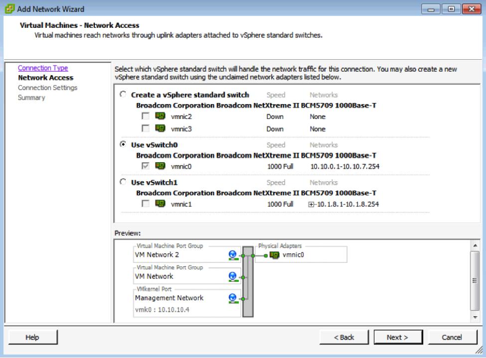 5. In the Network Access step, select Use vswitch0 and then click Next. 6.