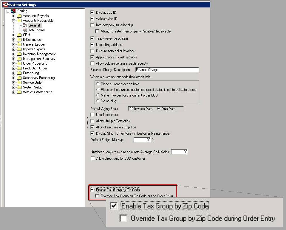 Charge Tax by Zip Code for Anonymous Customers Navigation Path: Setup > System Setup > System > System Settings > Accounts Receivable > General Field: Enable Tax Group by Zip Code Description:
