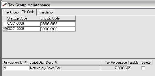 Charge Tax by Zip Code for Anonymous Customers Navigation Path: Orders > Order Processing > Tax Group Maintenance This tab allows you to set up ranges of ZIP codes and associate them with