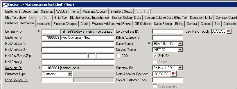 Web Customer Defaults Template The information entered for this customer in the Prophet 21 system acts as a template for default information.