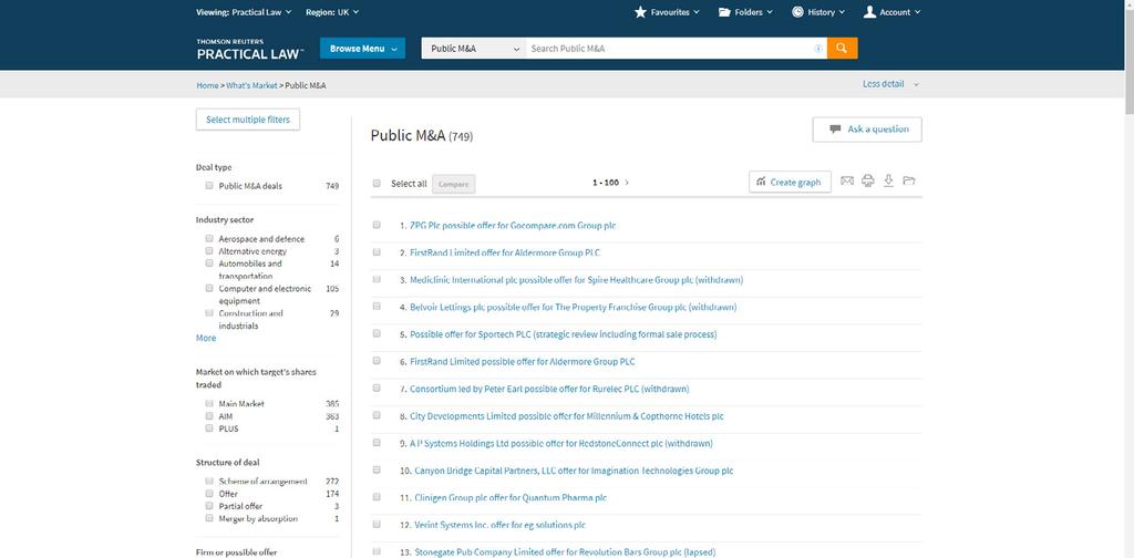 up-to-date User Guide P37 Compare deal summaries 5 Refine your search results by using the filters on the left of the screen. 6 Create graphs with ease. 7 Compare deals: A. Select a deal type (e.g. Public M&A).
