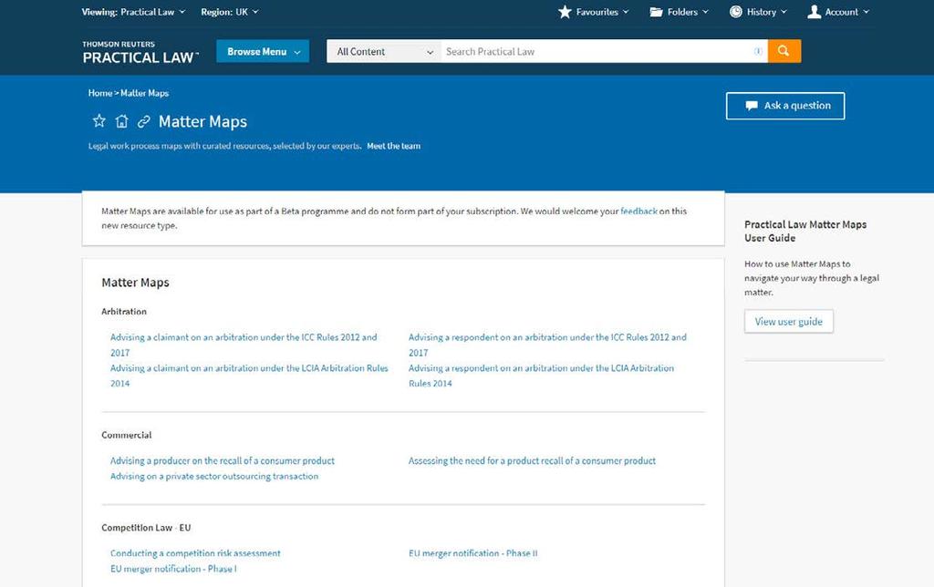 1 To visit the Matter Maps resource select the Resources tab on the Practical Law homepage or from any of the practice area pages.