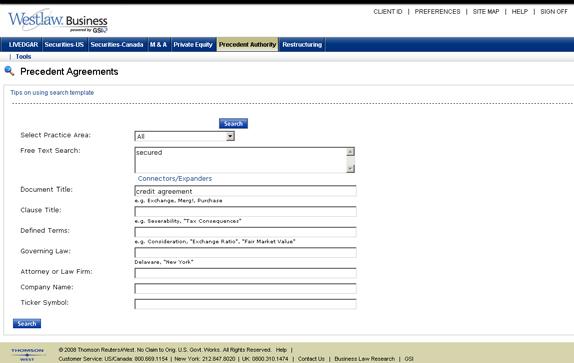 Expanding a Search to Westlaw Business From a result list in West km for Transactions, you can expand your search to the Precedent Authority database on Westlaw Business to retrieve model agreements,