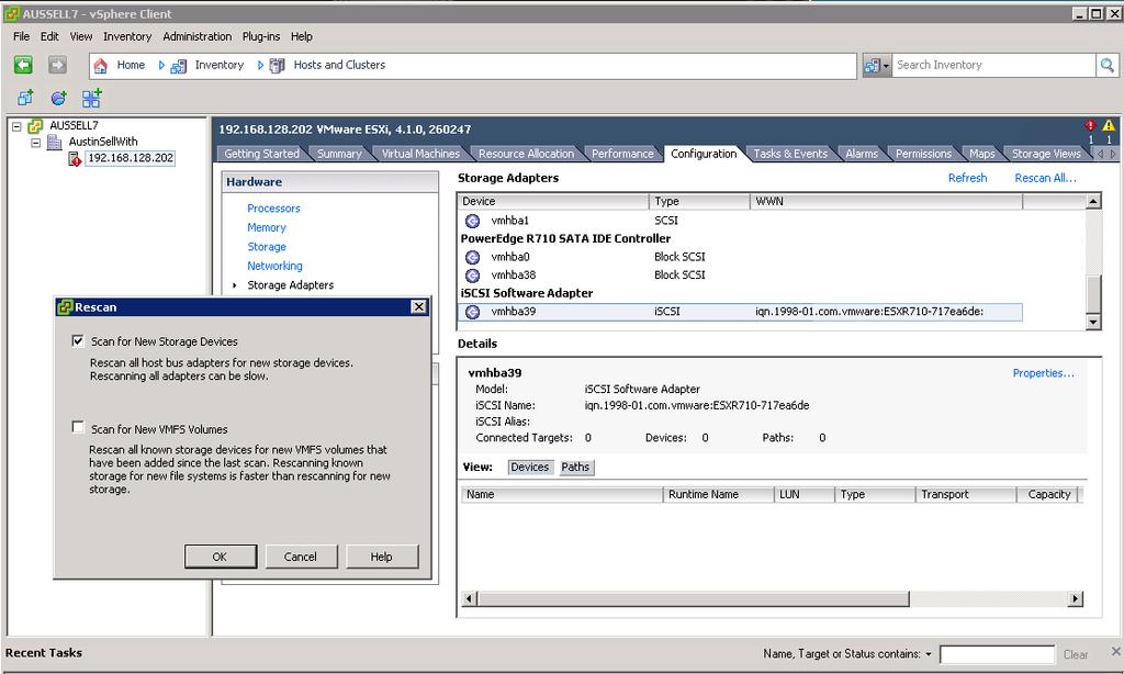 STEP10: PERFORM RESCAN SO VMWARE SEES THE VIRTUAL DISK The next step is to connect to the volume on the SAN and verify the connection status.