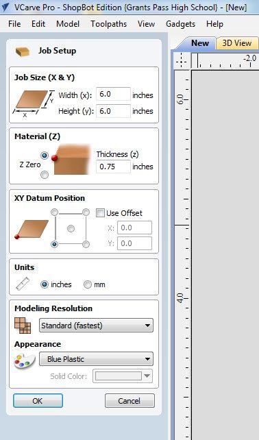 Here is where you will set your material dimensions. Click in the Width box and enter 6.0 Now click on the Height box and enter a value of 6.0 Click in the Thickness box and enter 0.