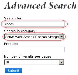 The result set for cobas and Category : Serum Work Area: CC cobas c/integra HIA Reagents search should show the following search result page: Note: the search will be called if either we click on the