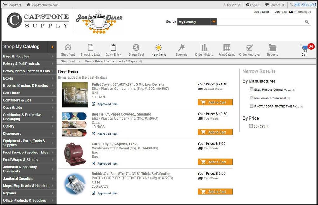 New Items The New Item button takes you to a listing of all your items the distributor has added